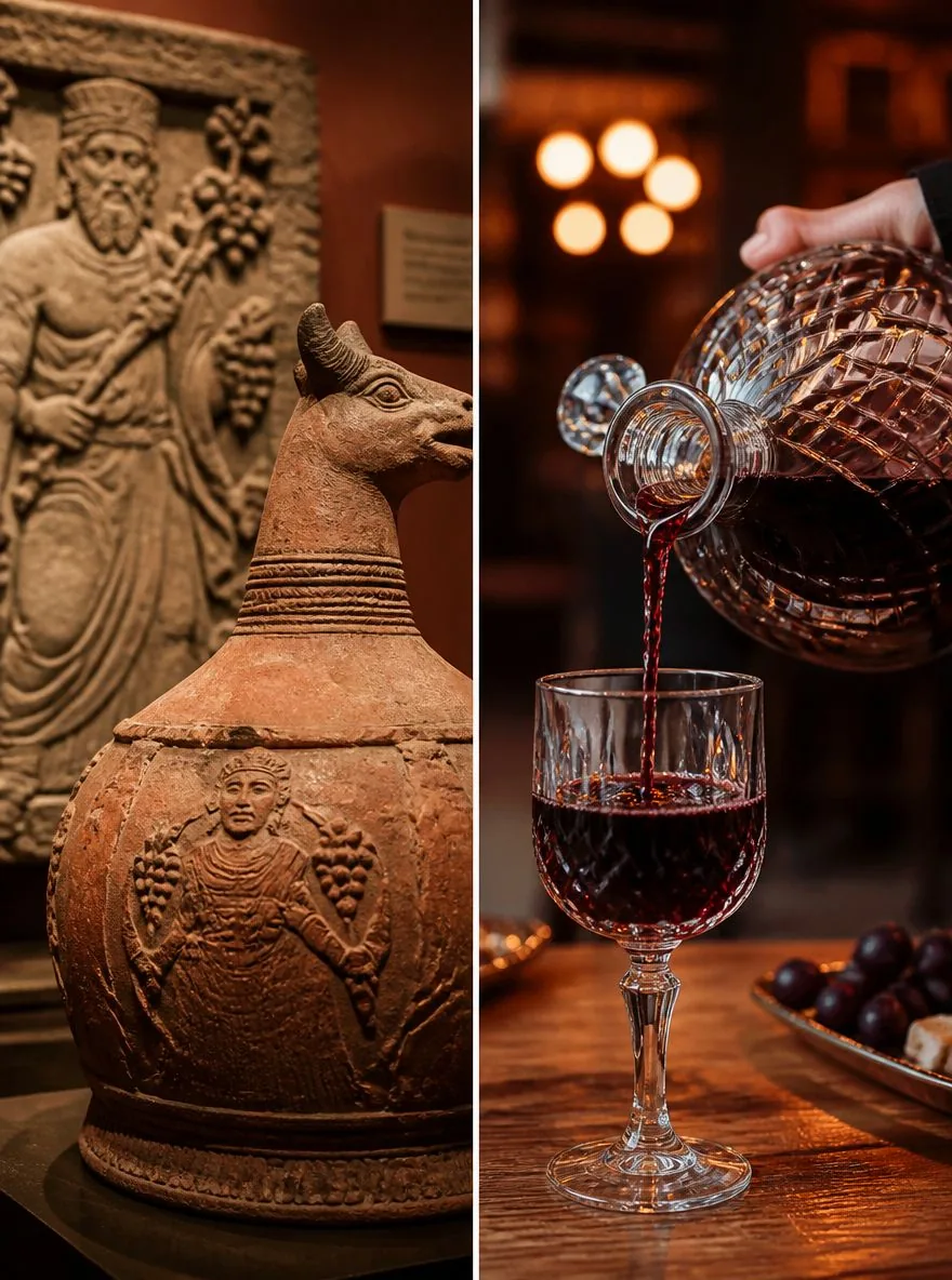 Hittite-era terracotta wine vessels with grape reliefs and Turkish red wine poured into a glass