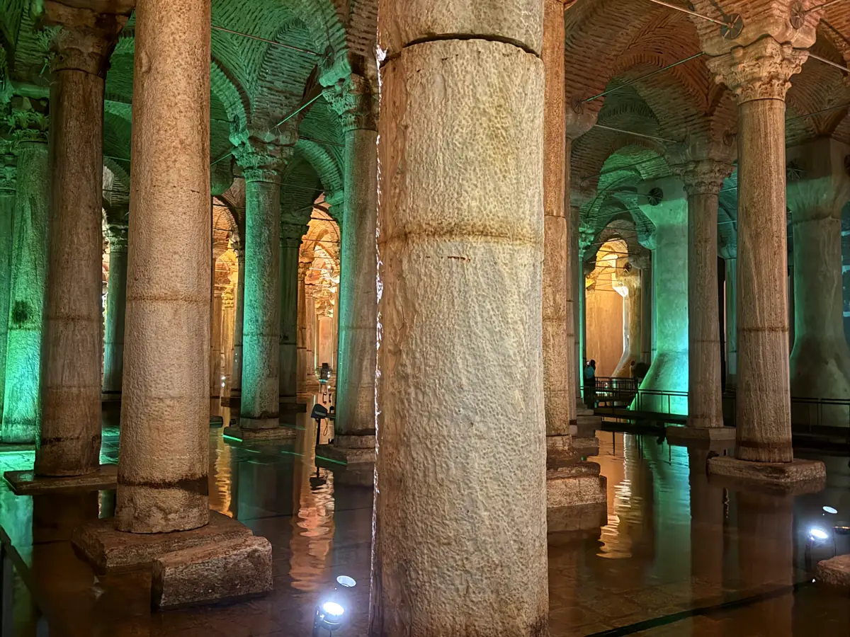 Illuminated Byzantine columns reflected in the water of the Basilica Cistern, Istanbul