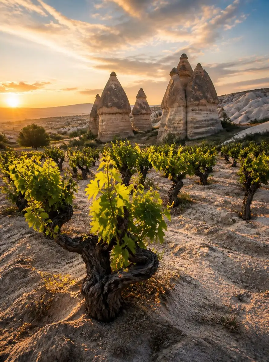 Native Turkish grape vines in a Cappadocia vineyard at sunset with fairy chimneys behind