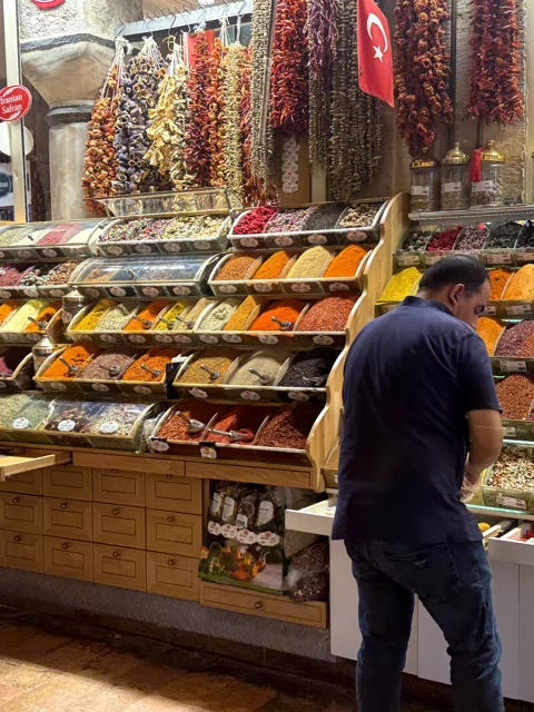 Strings of dried peppers and aubergines hanging at a stall in the Egyptian Bazaar, Istanbul