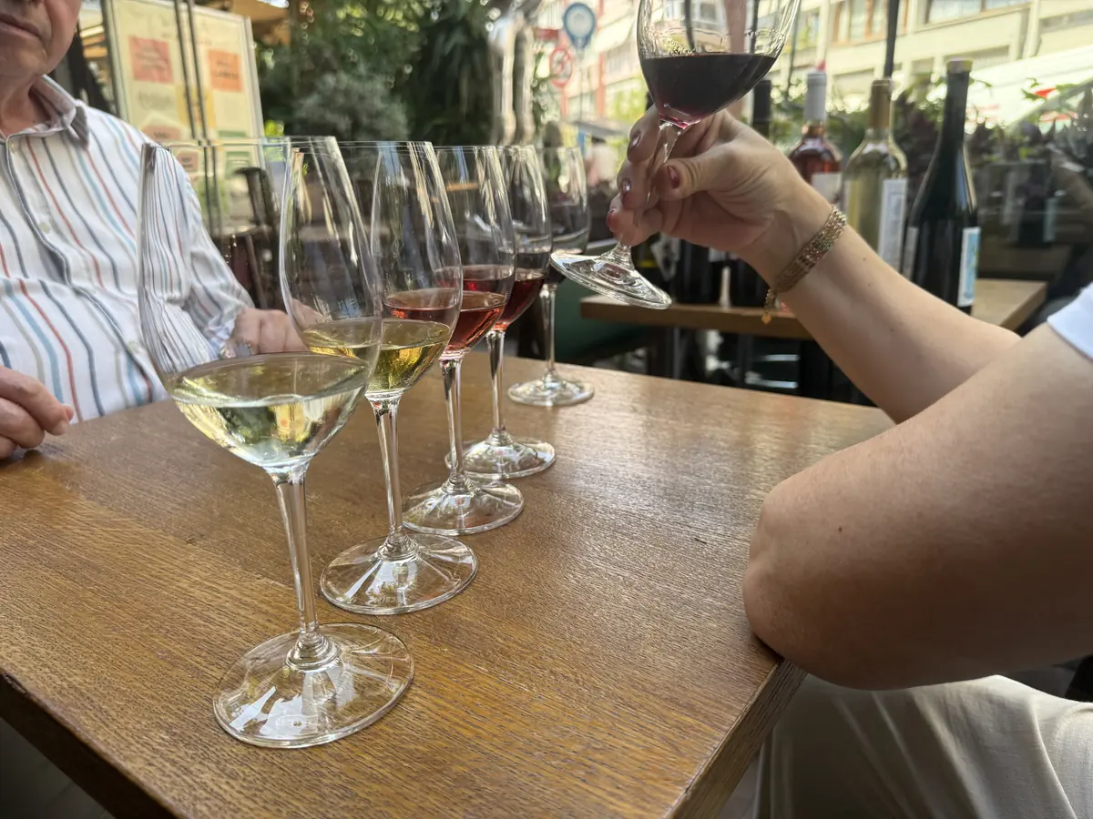Guests examining a glass of Turkish red wine during a tasting at WAYANA Wine Bar