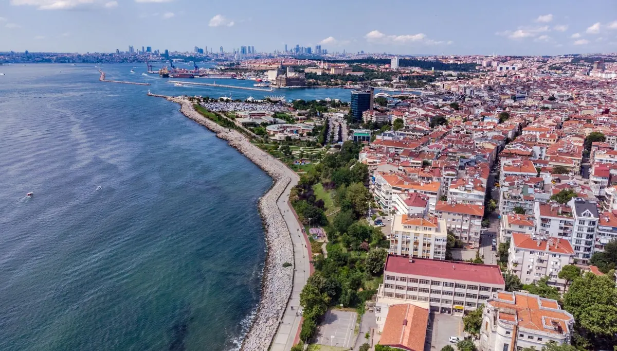 Moda seaside promenade on Istanbul's Asian side with people relaxing by the Sea of Marmara