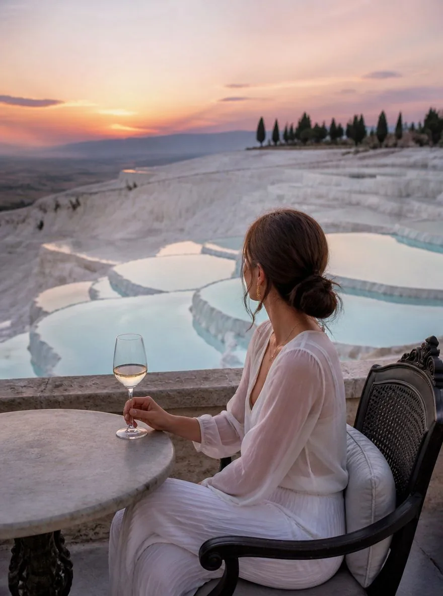 Traveller enjoying a glass of Turkish white wine above the Pamukkale travertines near Denizli
