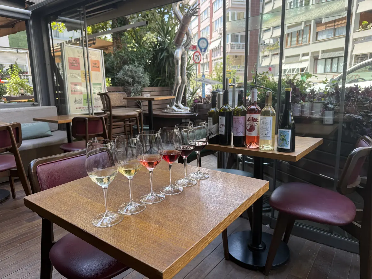 A tasting flight of native Turkish wines poured by the glass at WAYANA Wine Bar in Moda, Istanbul