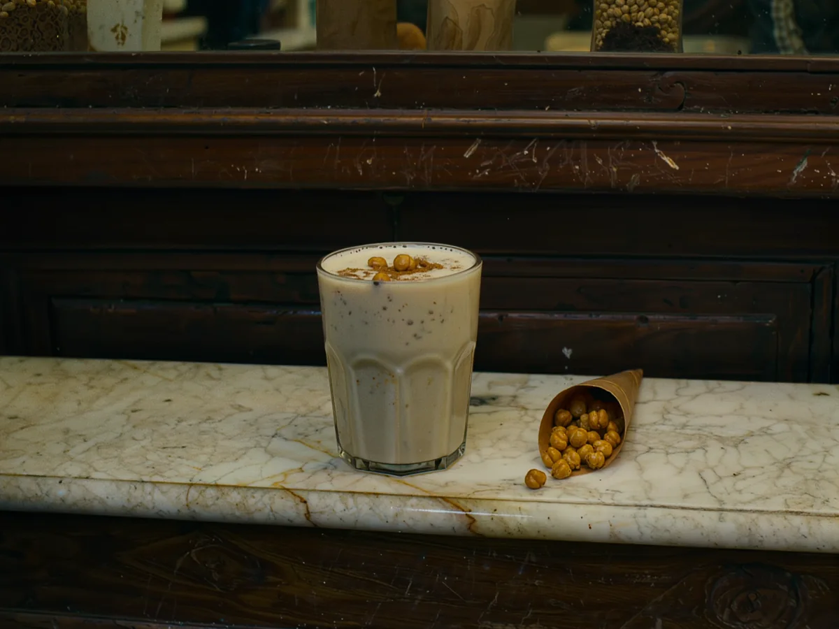A glass of thick boza topped with cinnamon and roasted chickpeas on the marble counter of a historic Istanbul boza shop