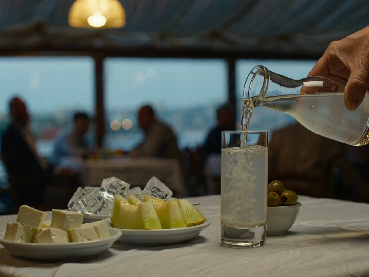 Water being poured into a glass of rakı, turning it milky white, beside white cheese, melon and olives at an Istanbul meyhane in the evening