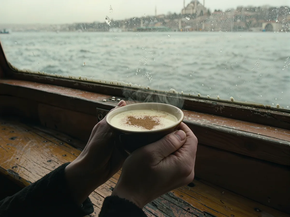 Hands holding a steaming cup of cinnamon-dusted sahlep by the window of an Istanbul ferry in winter, the old city across the water