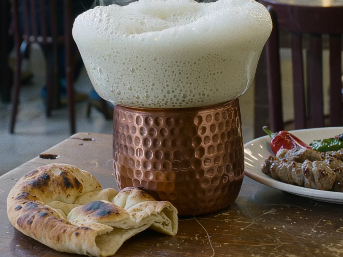A copper cup of thick, frothy yayık ayran beside torn pide flatbread and grilled kebab in a busy Turkish kebab house